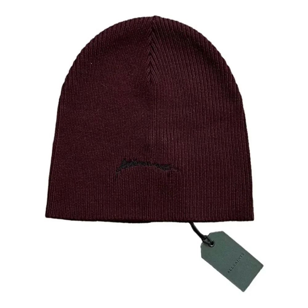 AllSaints Embroidered Script Beanie NWT Burgundy